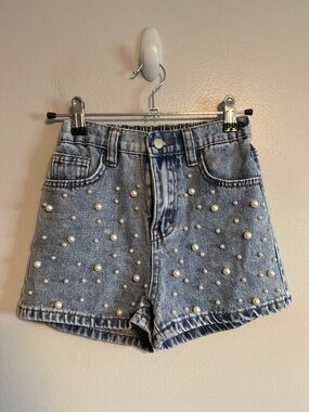 Pearl Embellished Light Blue Denim Shorts Girls Size 8 - 10